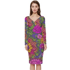 Mid Century Retro Floral 1970s 1960s Pattern 55 Long Sleeve V-neck Bodycon Dress  by violetheavensky