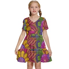 Mid Century Retro Floral 1970s 1960s Pattern 55 Kids  Short Sleeve Tiered Mini Dress by violetheavensky