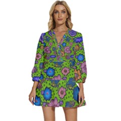 Mid Century Retro Floral 1970s 1960s Pattern 59 V-neck Placket Mini Dress by violetheavensky