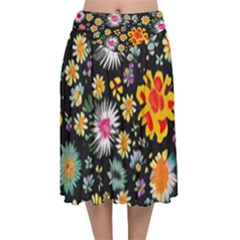 Mid Century Retro Floral 1970s 1960s Pattern 57 Velvet Flared Midi Skirt by violetheavensky