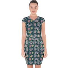 Mid Century Retro Floral 1970s 1960s Pattern 62 Capsleeve Drawstring Dress  by violetheavensky