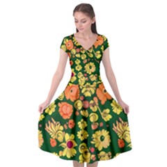 Mid Century Retro Floral 1970s 1960s Pattern 68 Cap Sleeve Wrap Front Dress by violetheavensky