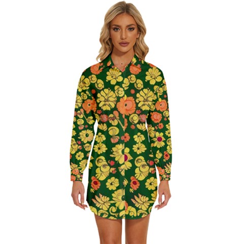 Mid Century Retro Floral 1970s 1960s Pattern 68 Womens Long Sleeve Shirt Dress by violetheavensky