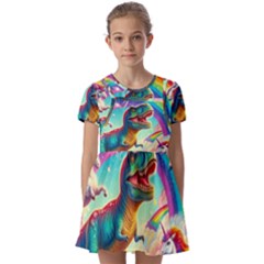 T-rex And Unicorns Kids  Short Sleeve Pinafore Style Dress by RainbowTyrannosaurus