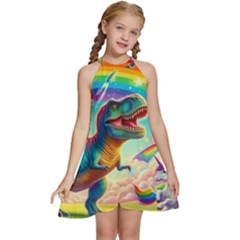 T-rex And Unicorns Kids  Halter Collar Waist Tie Chiffon Dress by RainbowTyrannosaurus