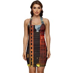 Sci-fi Futuristic Science Fiction City Neon Scene Artistic Technology Machine Fantasy Gothic Town Bu Sleeveless Wide Square Neckline Ruched Bodycon Dress by Posterlux