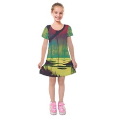Nature Swamp Water Sunset Spooky Night Reflections Bayou Lake Kids  Short Sleeve Velvet Dress by Posterlux