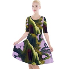 Outdoors Night Full Moon Setting Scene Woods Light Moonlight Nature Wilderness Landscape Quarter Sleeve A-line Dress by Posterlux