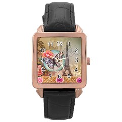 Fuschia Flowers Butterfly Eiffel Tower Vintage Paris Fashion Rose Gold Leather Watch  by chicelegantboutique