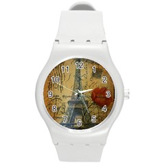 Vintage Stamps Postage Poppy Flower Floral Eiffel Tower Vintage Paris Plastic Sport Watch (medium) by chicelegantboutique