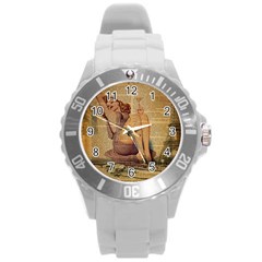 Vintage Newspaper Print Pin Up Girl Paris Eiffel Tower Plastic Sport Watch (large) by chicelegantboutique