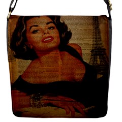 Vintage Newspaper Print Pin Up Girl Paris Eiffel Tower Flap Closure Messenger Bag (small) by chicelegantboutique