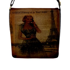 Retro Telephone Lady Vintage Newspaper Print Pin Up Girl Paris Eiffel Tower Flap Closure Messenger Bag (large) by chicelegantboutique