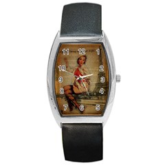  Vintage Newspaper Print Pin Up Girl Paris Eiffel Tower Funny Vintage Retro Nurse  Tonneau Leather Watch by chicelegantboutique