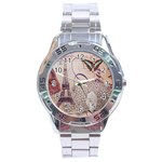 White Peacock Paris Eiffel Tower Vintage Bird Butterfly French Botanical Art Stainless Steel Watch (Men s) Front