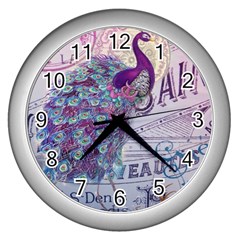 French Scripts  Purple Peacock Floral Paris Decor Wall Clock (silver) by chicelegantboutique