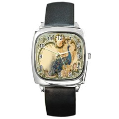 Victorian Swirls Peacock Floral Paris Decor Square Leather Watch by chicelegantboutique