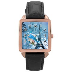 Girly Blue Bird Vintage Damask Floral Paris Eiffel Tower Rose Gold Leather Watch  by chicelegantboutique