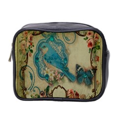 Victorian Girly Blue Bird Vintage Damask Floral Paris Eiffel Tower Mini Travel Toiletry Bag (two Sides) by chicelegantboutique