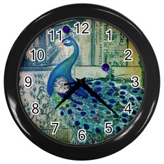 French Scripts Vintage Peacock Floral Paris Decor Wall Clock (black) by chicelegantboutique