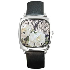 Elegant White Rose Vintage Damask Square Leather Watch by chicelegantboutique