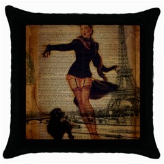 Paris Lady And French Poodle Vintage Newspaper Print Sexy Hot Gil Elvgren Pin Up Girl Paris Eiffel T Black Throw Pillow Case by chicelegantboutique