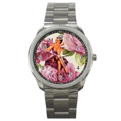 Cute Purple Dress Pin Up Girl Pink Rose Floral Art Sport Metal Watch by chicelegantboutique