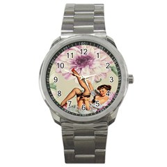 Gil Elvgren Pin Up Girl Purple Flower Fashion Art Sport Metal Watch by chicelegantboutique