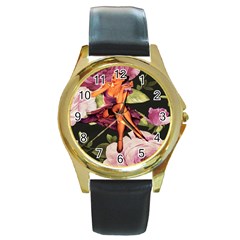 Cute Gil Elvgren Purple Dress Pin Up Girl Pink Rose Floral Art Round Metal Watch (gold Rim)  by chicelegantboutique