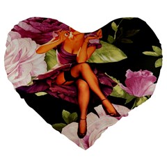 Cute Gil Elvgren Purple Dress Pin Up Girl Pink Rose Floral Art 19  Premium Heart Shape Cushion by chicelegantboutique