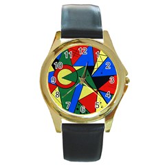 Modern Art Round Metal Watch (gold Rim)  by Siebenhuehner