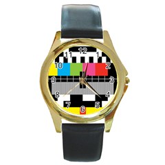 Test Pattern Round Leather Watch (gold Rim)  by Contest1753604