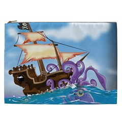 Pirate Ship Attacked By Giant Squid Cartoon  Cosmetic Bag (xxl) by NickGreenaway