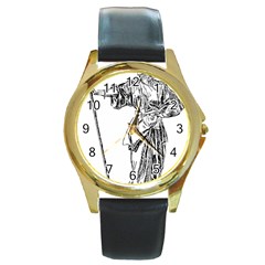 Domestically Disabled Round Leather Watch (gold Rim)  by StuffOrSomething