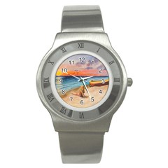 Alone On Sunset Beach Stainless Steel Watch (slim) by TonyaButcher