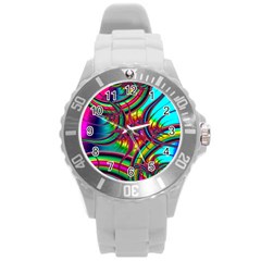 Abstract Neon Fractal Rainbows Plastic Sport Watch (large) by StuffOrSomething