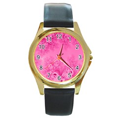 Soft Pink Frost Of Morning Fractal Round Leather Watch (gold Rim)  by Artist4God