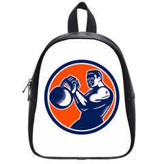 Bodybuilder Lifting Kettlebell Woodcut School Bag (small) by retrovectors