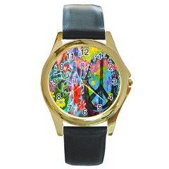 The Sixties Round Leather Watch (gold Rim)  by TheWowFactor