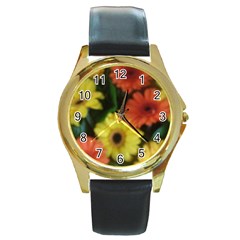 Orange Yellow Daisy Flowers Gerbera Round Leather Watch (gold Rim)  by yoursparklingshop