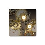 Steampunk, Golden Design With Clocks And Gears Square Magnet Front