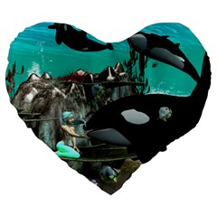 Cute Mermaid Playing With Orca Large 19  Premium Heart Shape Cushions by FantasyWorld7