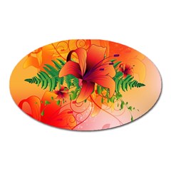 Awesome Red Flowers With Leaves Oval Magnet by FantasyWorld7