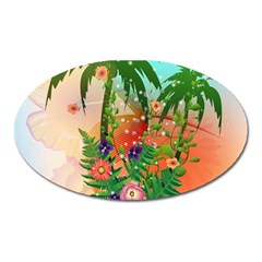 Tropical Design With Palm And Flowers Oval Magnet by FantasyWorld7