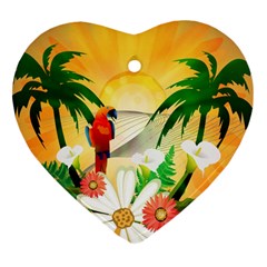 Cute Parrot With Flowers And Palm Ornament (heart)  by FantasyWorld7