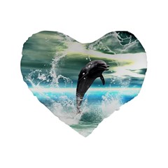 Funny Dolphin Jumping By A Heart Made Of Water Standard 16  Premium Flano Heart Shape Cushions by FantasyWorld7