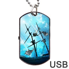 Underwater World With Shipwreck And Dolphin Dog Tag Usb Flash (one Side) by FantasyWorld7