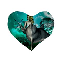 Beautiful Mermaid With  Dolphin With Bubbles And Water Splash Standard 16  Premium Flano Heart Shape Cushions by FantasyWorld7