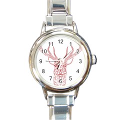 Modern Red Geometric Christmas Deer Illustration Round Italian Charm Watches by Dushan