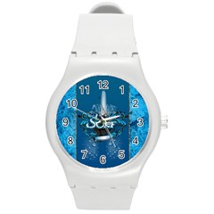 Surf, Surfboard With Water Drops On Blue Background Round Plastic Sport Watch (m) by FantasyWorld7